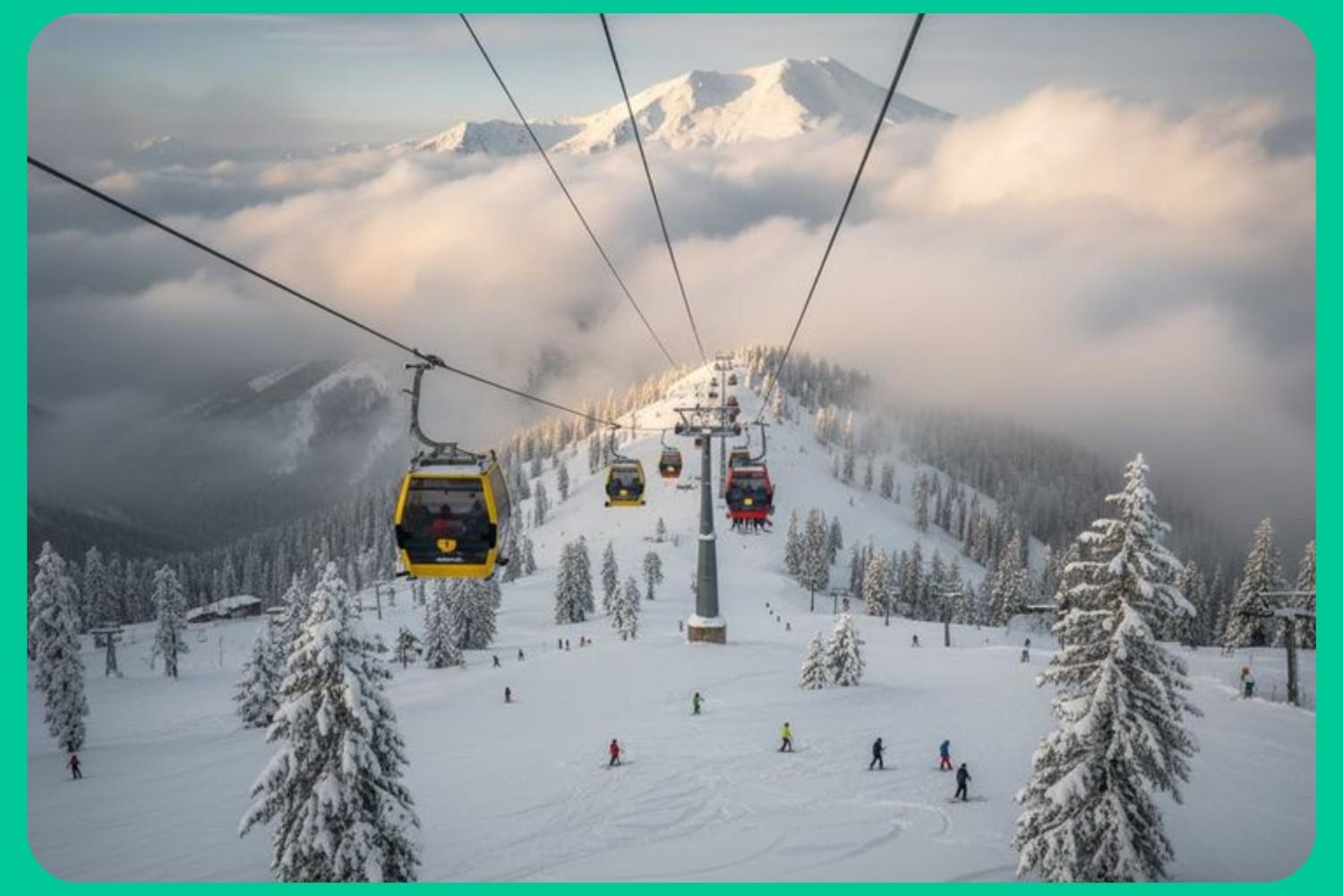 Gulmarg gondola cable car during winter snowfall in Kashmir, part of kashmir winter tour packages and snowfall kashmir tour packages