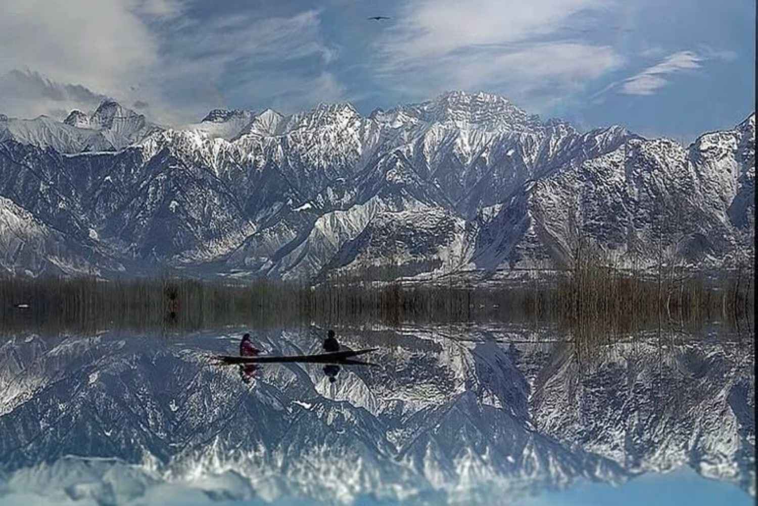Scenic mountain reflection on lake in Kashmir valley