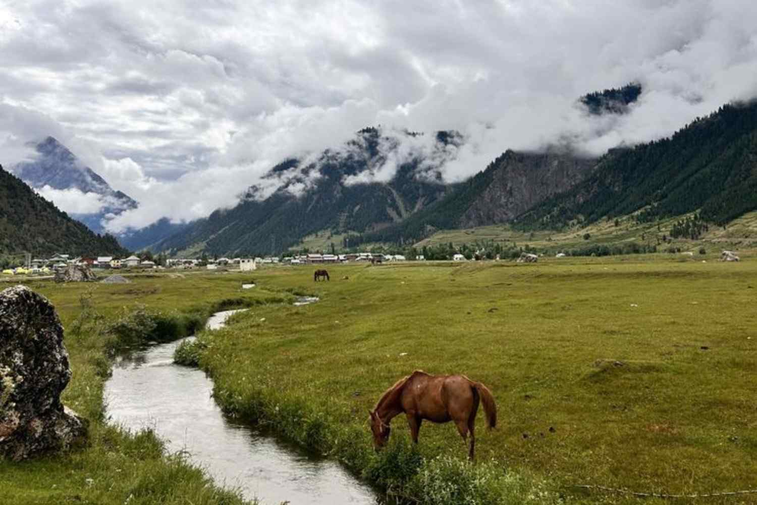 Beautiful green meadows and flowing stream in Gurez Valley Kashmir surrounded by Himalayan mountains