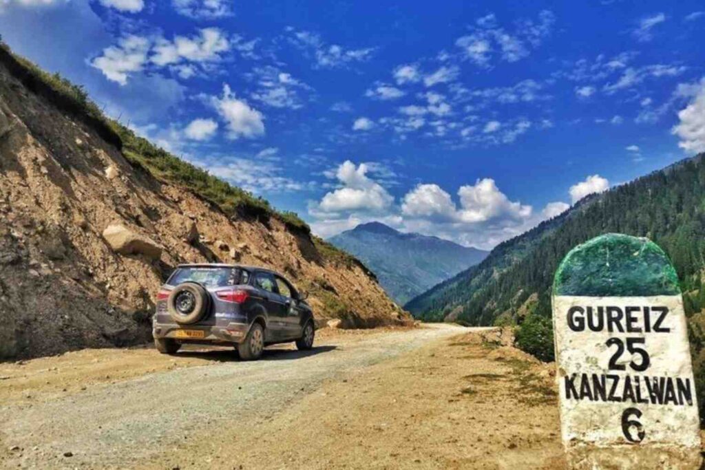 Scenic road trip in Gurez Valley Kashmir with mountain views and adventure travel route near Kanzalwan