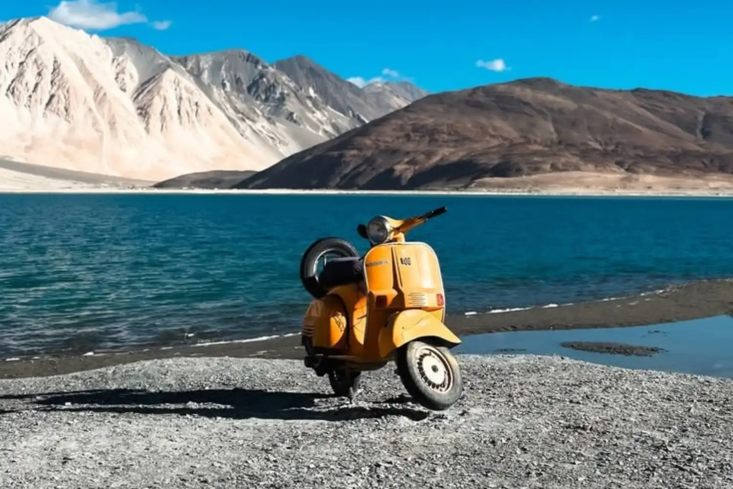Vintage scooter at Pangong Lake during Srinagar to Leh Ladakh road trip