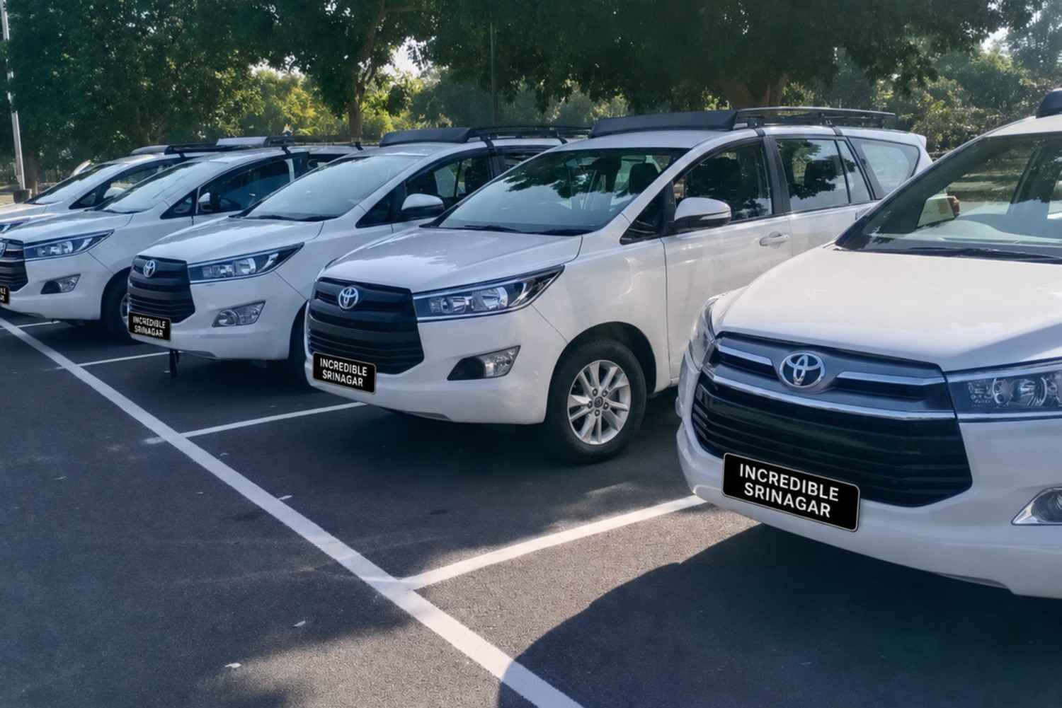Fleet of Toyota Innova Crysta taxis by Incredible Srinagar providing reliable airport transfers, sightseeing tours, and cab services across Kashmir.